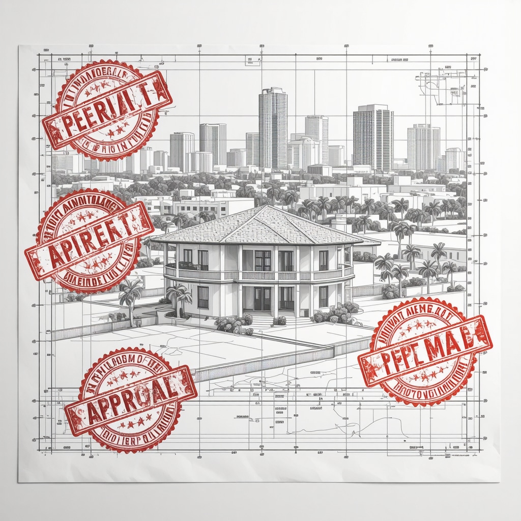 Architectural blueprint with digital permit stamps and Tampa skyline illustrating expert permit navigation in remodeling