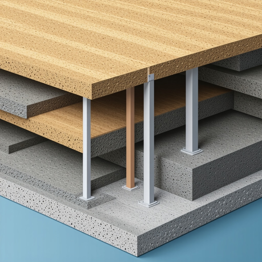 Diagram of Tampa home subfloor with composite mats, pedestal systems, drainage mats, and embedded smart sensors for moisture and structural monitoring