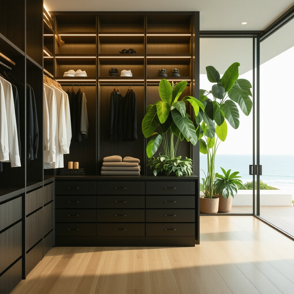 Modern Tampa closet with modular storage, smart lighting, indoor plants, and ergonomic features