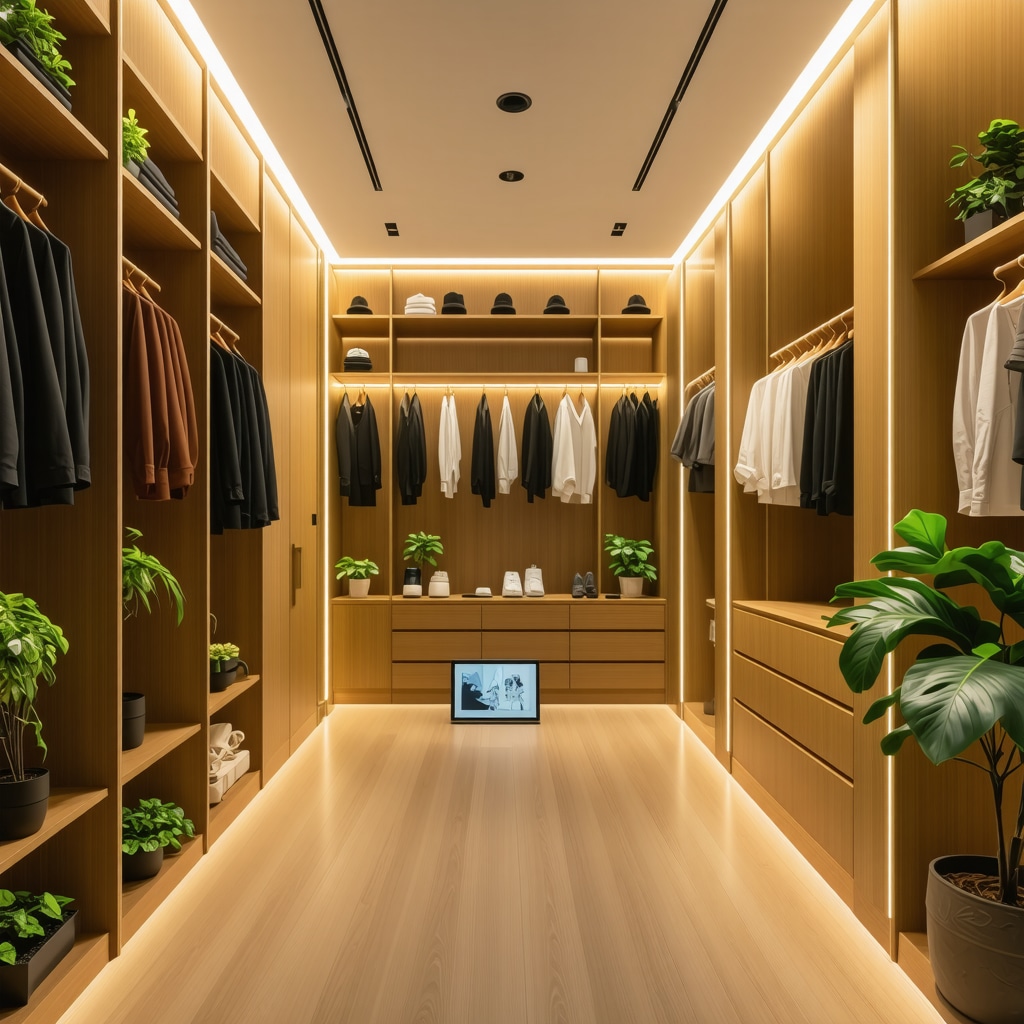 A high-tech Tampa closet remodel blending virtual reality design, natural wood elements, greenery, and smart adaptive materials
