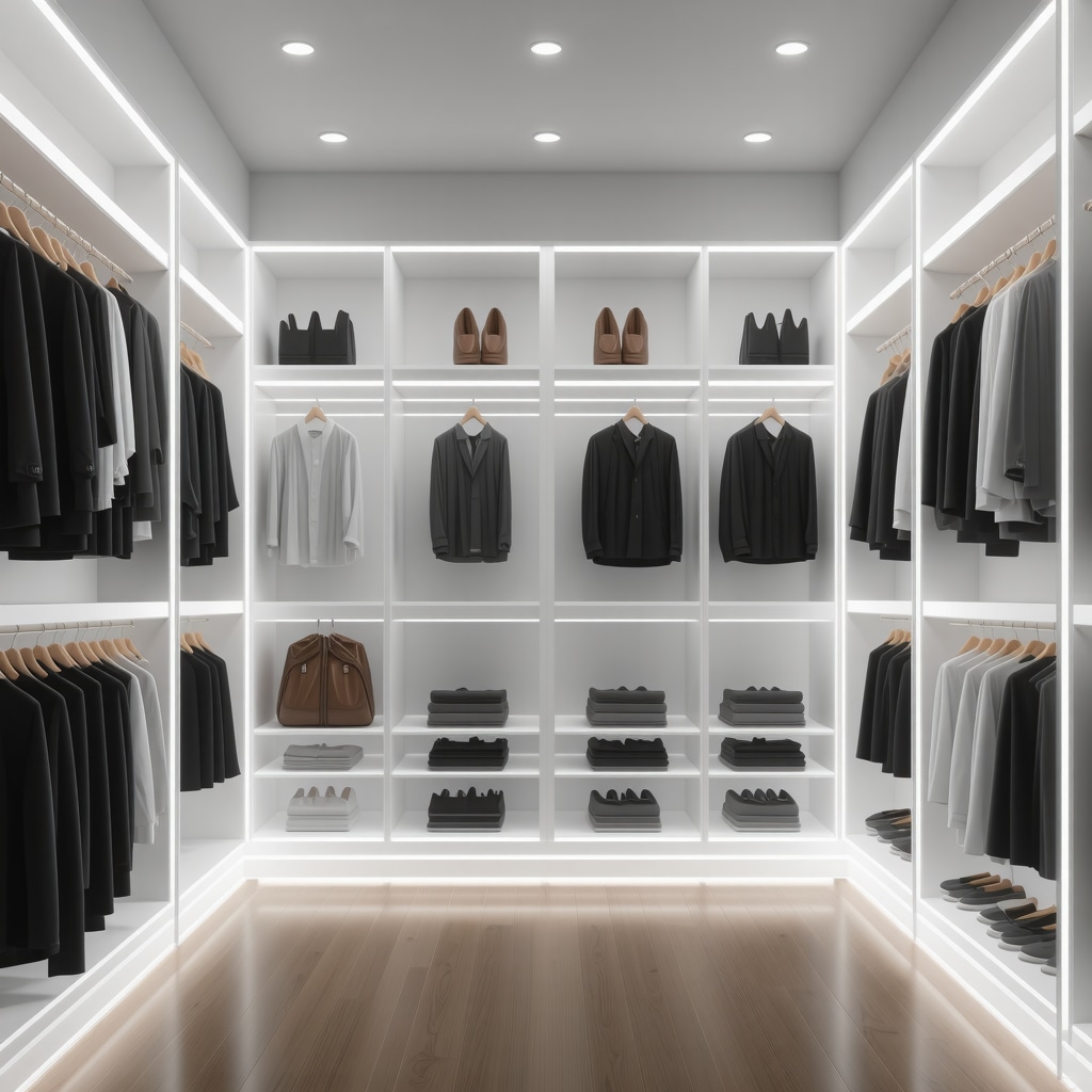 Custom closet interior with smart lighting, motorized racks, and vapor barrier illustrating climate-responsive remodeling in Tampa