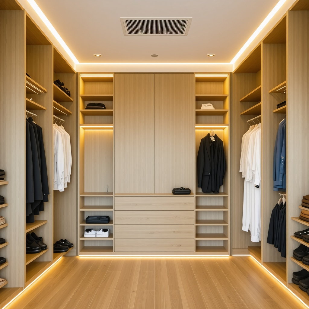 Modern Tampa closet with smart lighting, ventilation, and sustainable wood materials