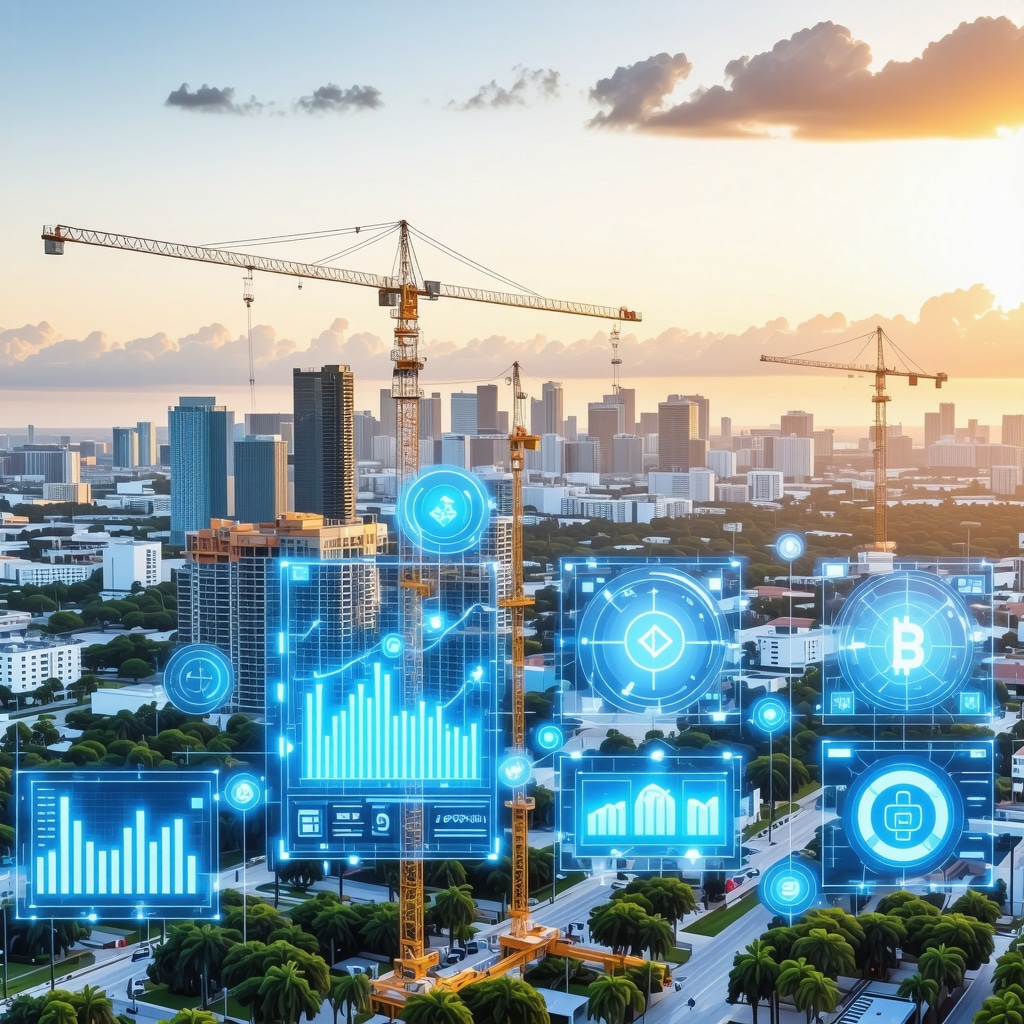 Construction management dashboard with predictive analytics and blockchain technology overlayed on Tampa cityscape
