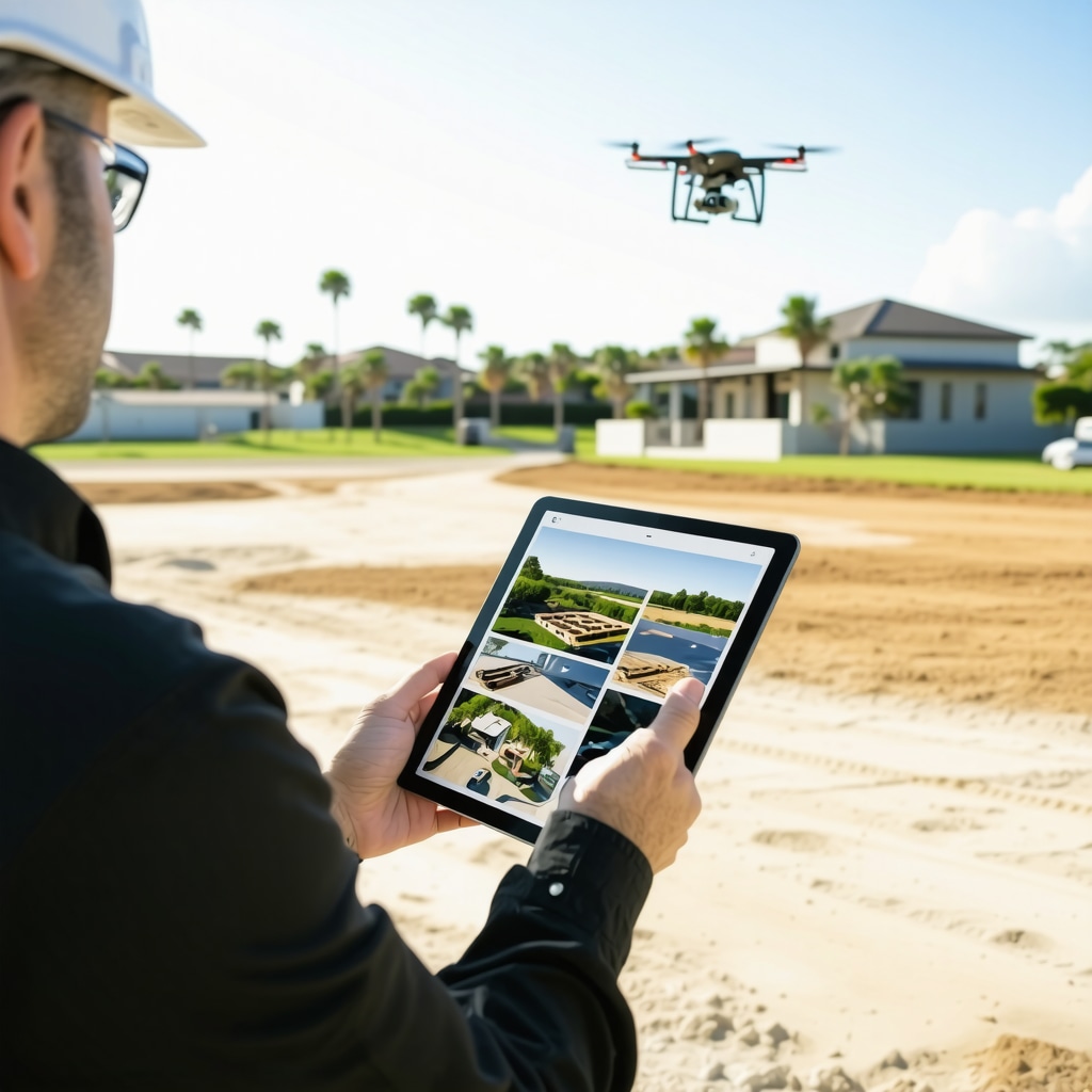 Contractor using tablet with 3D models and drone surveying a Tampa construction site