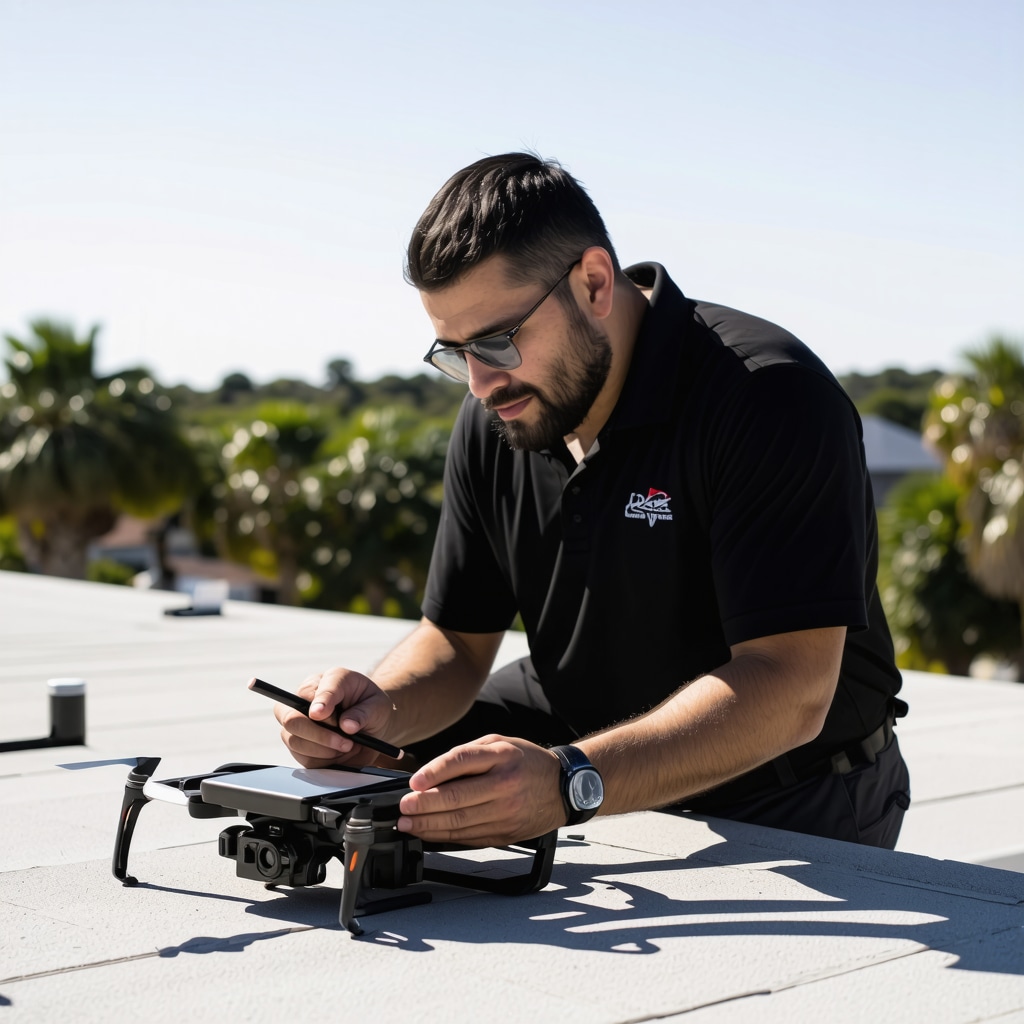 Contractor performing drone inspection on a Tampa home roof using a tablet