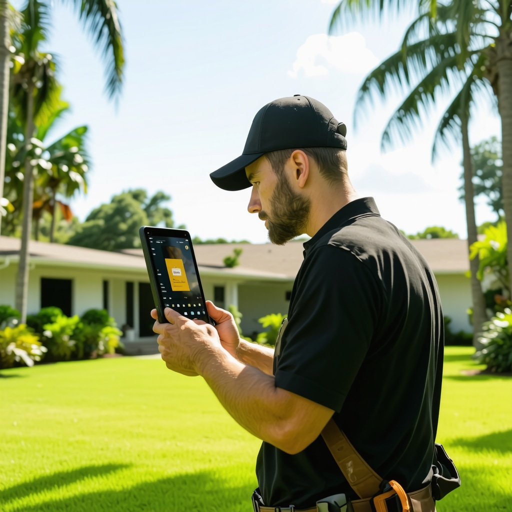 Handyman inspecting Tampa home exterior with thermal imaging camera and tablet