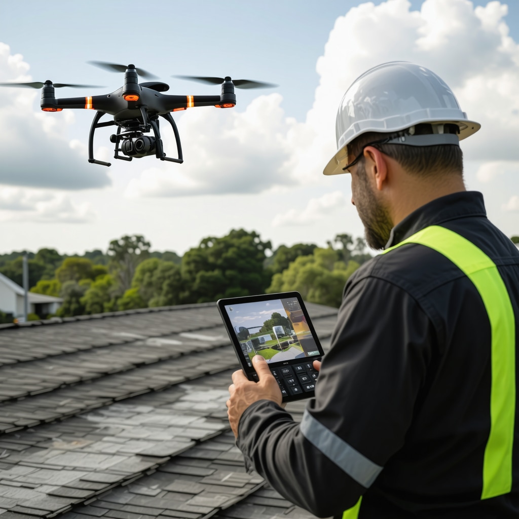 Contractor using drone, infrared thermography, and 3D scanning technology to assess storm damage on Tampa home roof