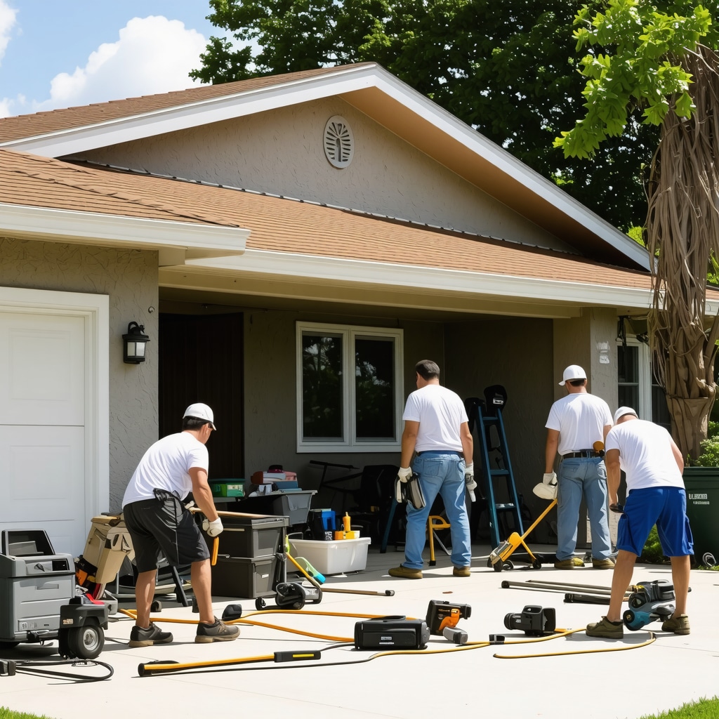 Contractors renovating a Tampa home with weather-resistant materials in a sunny neighborhood