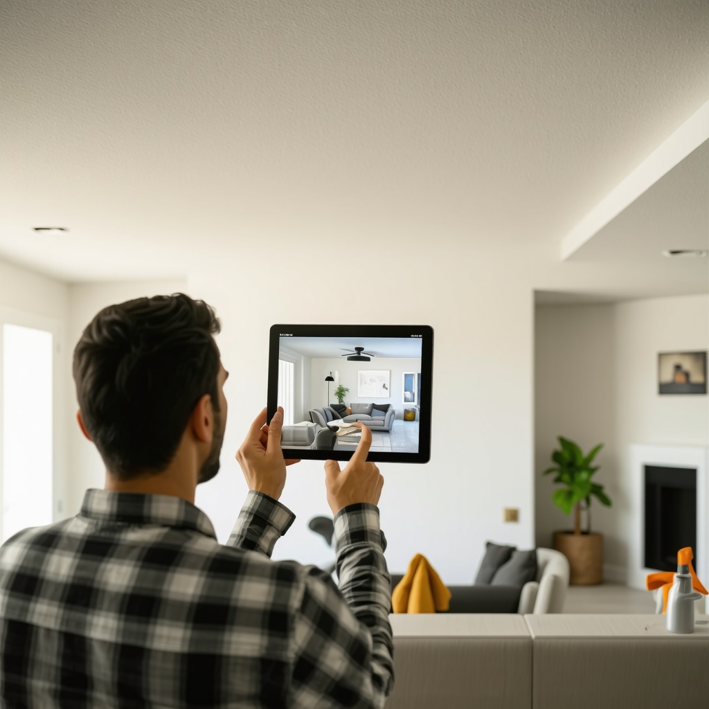 Contractor using augmented reality tablet to visualize ceiling drywall repair in Tampa residence