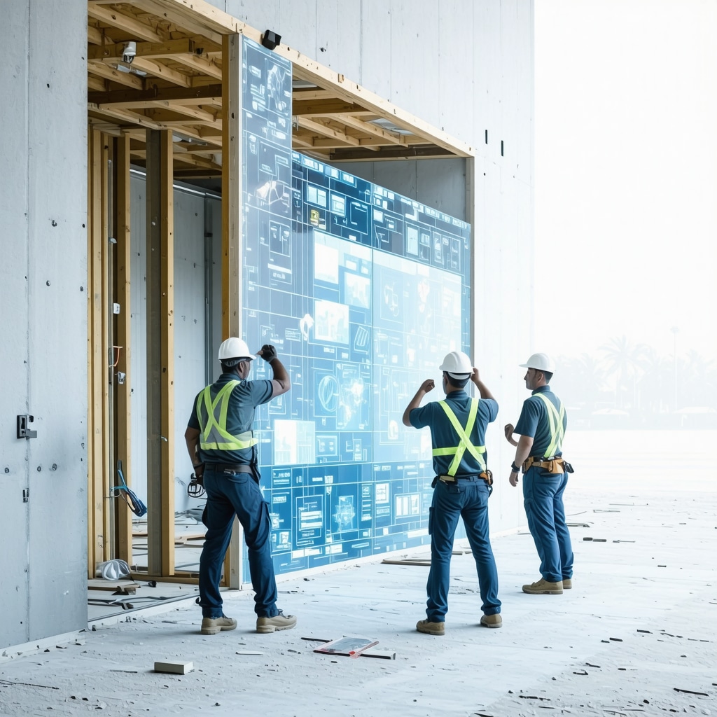Contractors using augmented reality and blockchain data visualization while installing advanced nanomaterial panels in Tampa home renovation