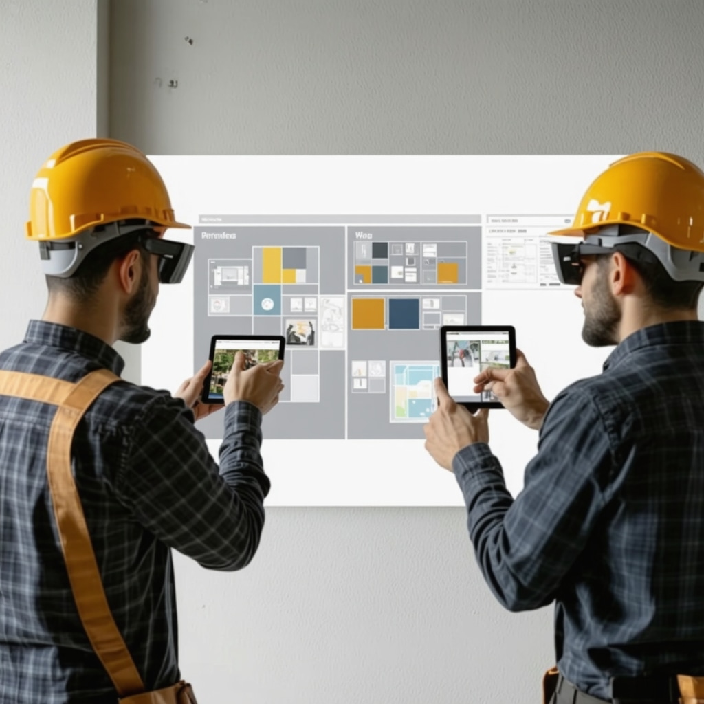 Contractors using augmented reality technology to visualize drywall and painting plans on a Tampa construction site