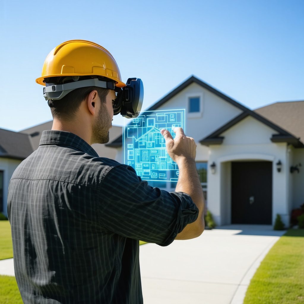 Construction worker using augmented reality headset displaying digital schematics on Tampa home exterior