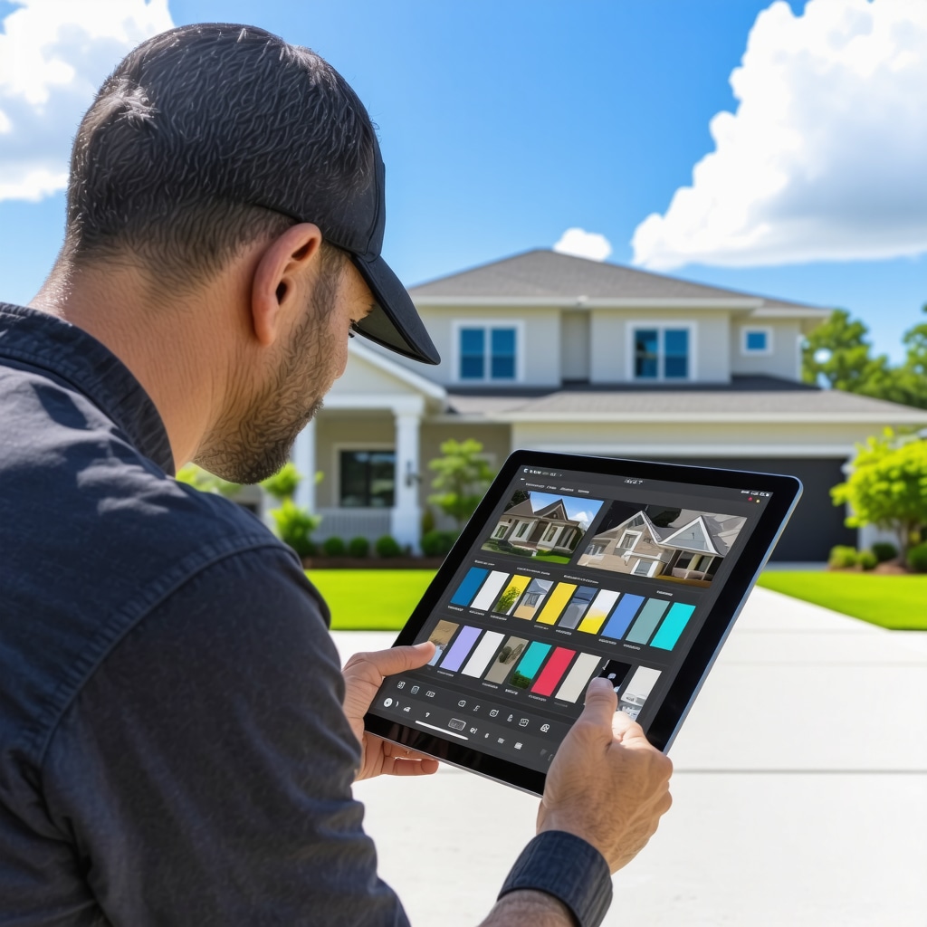Painter using AR tablet to visualize color schemes on a Trinity, FL home exterior