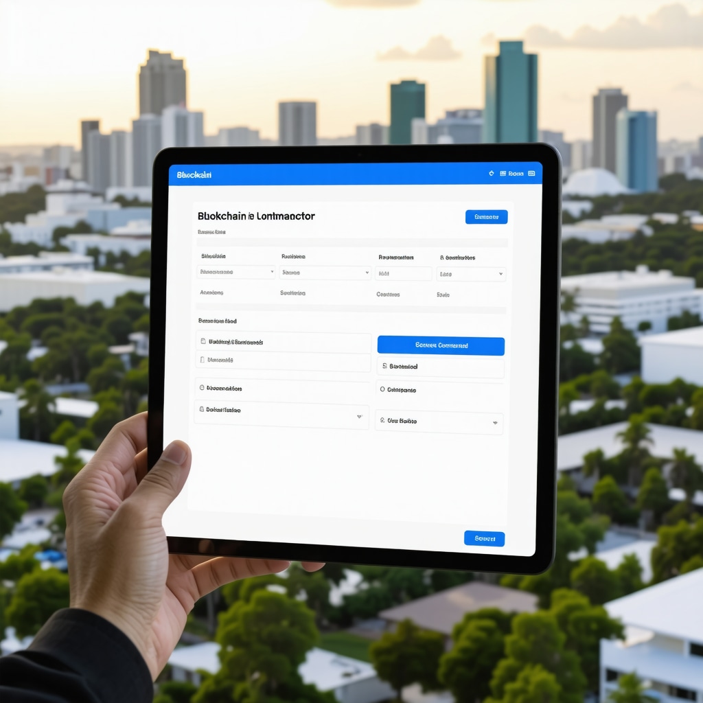 Digital interface displaying blockchain and AI verification of contractor licenses and bonds with Tampa skyline