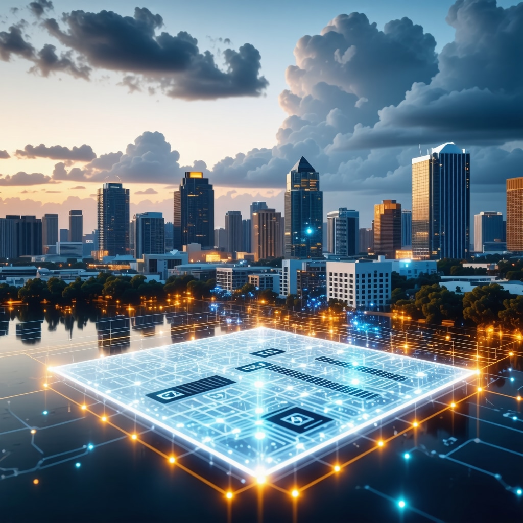 Digital interface showing blockchain verification of contractor insurance with Tampa skyline