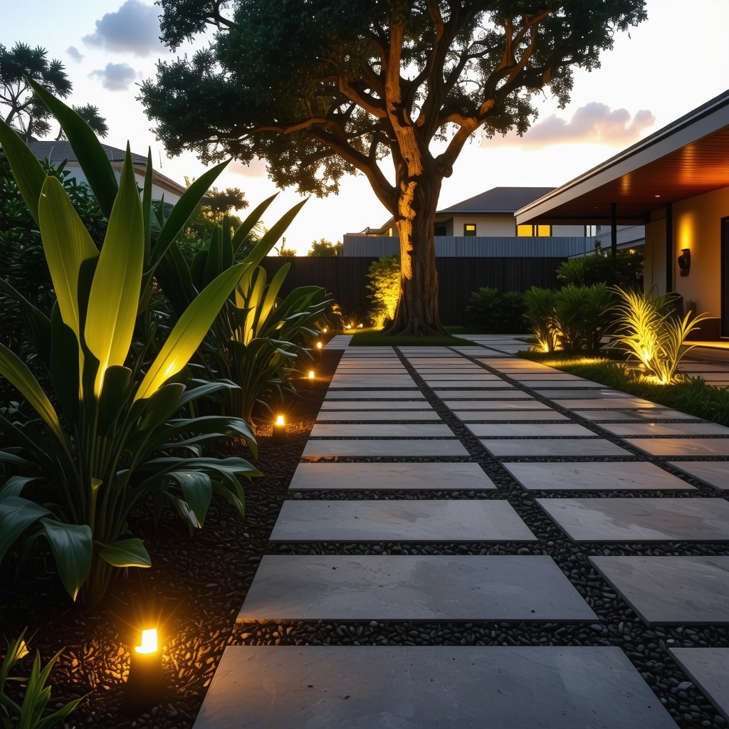 Tampa backyard with permeable pavers and smart LED lighting under sunset
