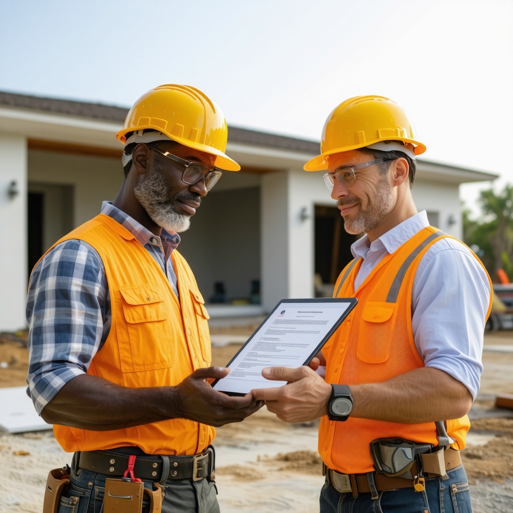 Contractor and homeowner discussing contract and digital project updates during Tampa home remodeling