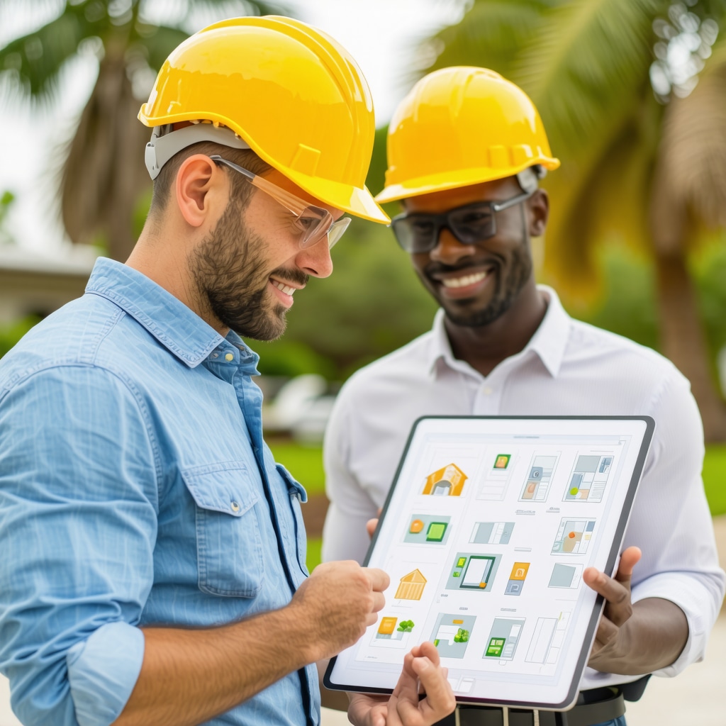 Contractor showing digital renovation plans to mobile home owner outdoors in Tampa with palm trees