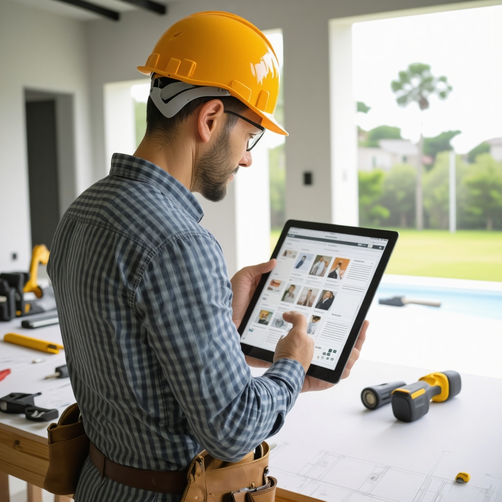 Contractor using tablet to analyze customer reviews at a renovation site in Tampa