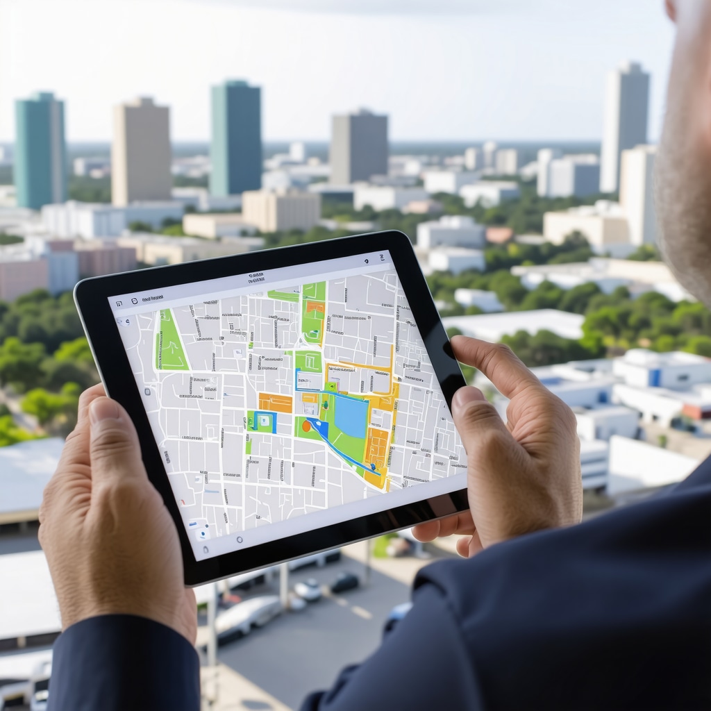 Contractor using tablet with digital permits and GIS maps over Tampa city