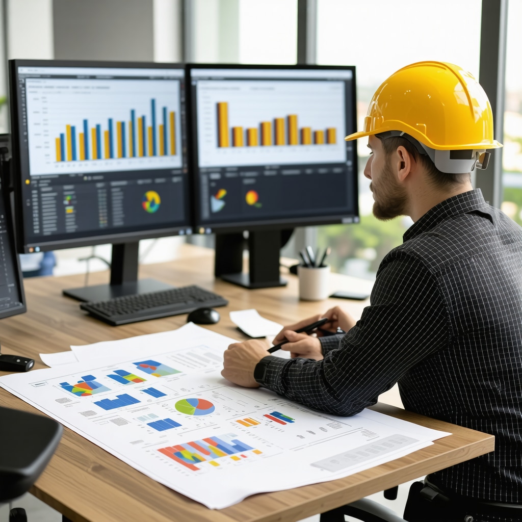 Team of contractors and data analysts analyzing real estate market data and building permits for Tampa house flipping