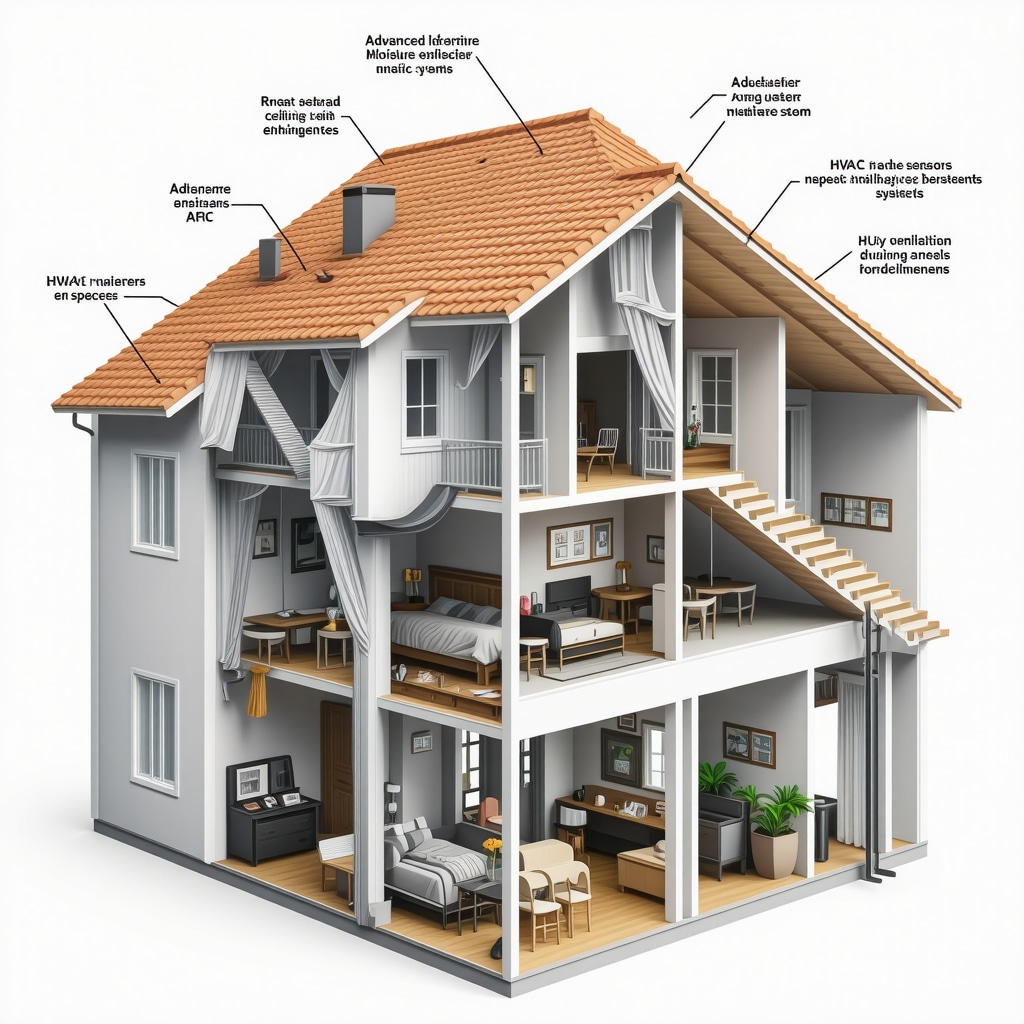 Cross-sectional view of Tampa home ceiling with moisture barriers, smart sensors, and contractors inspecting roofing and plumbing