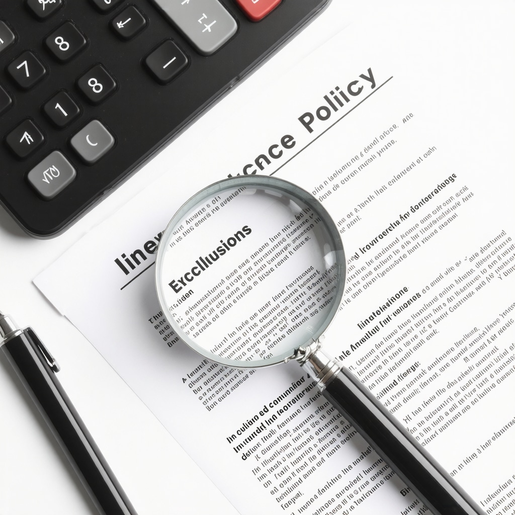 Magnifying glass highlighting fine print on contractor insurance policy documents on desk
