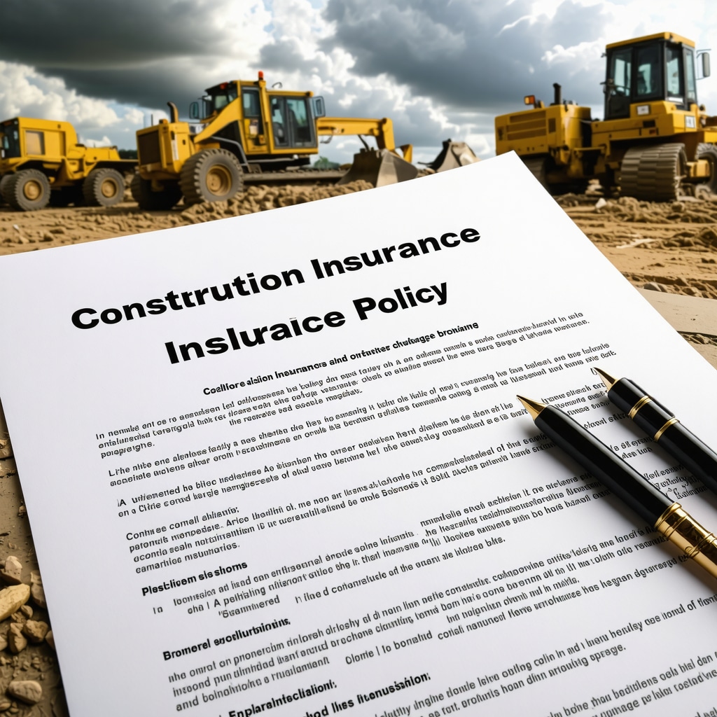 Close-up of insurance policy highlighting exclusions and coverage with Tampa construction site in background