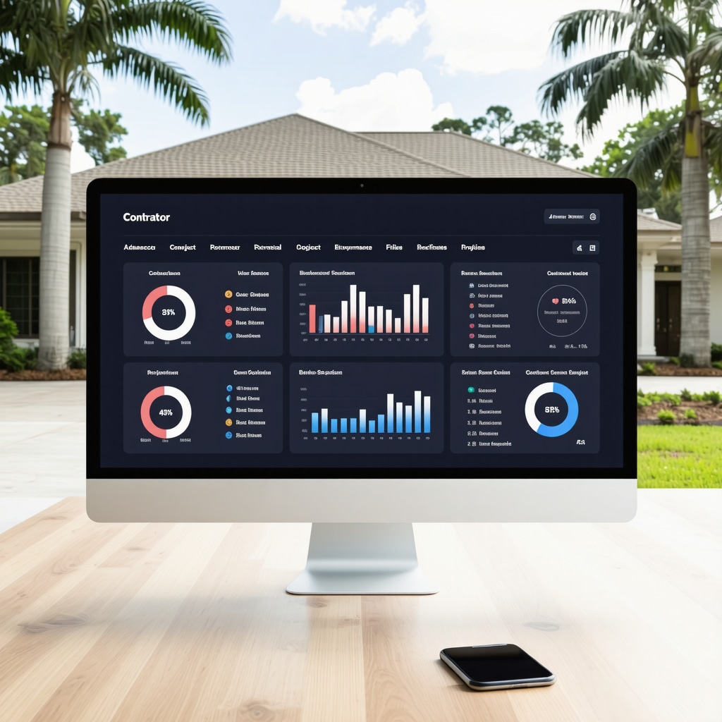 Digital dashboard showing contractor ratings and project timelines with Tampa home renovation in background