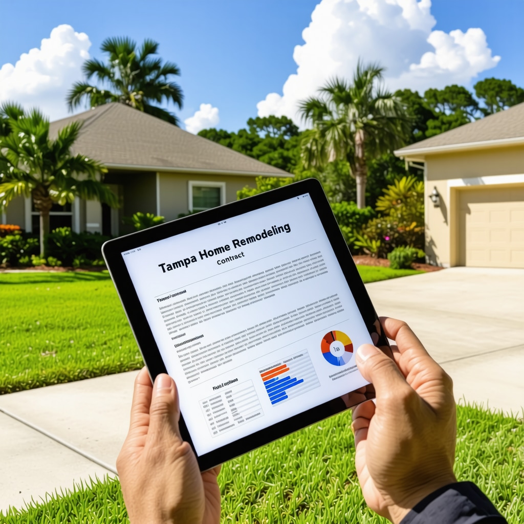 Tablet showing Tampa home remodeling contract with digital signatures and progress charts in a sunny neighborhood