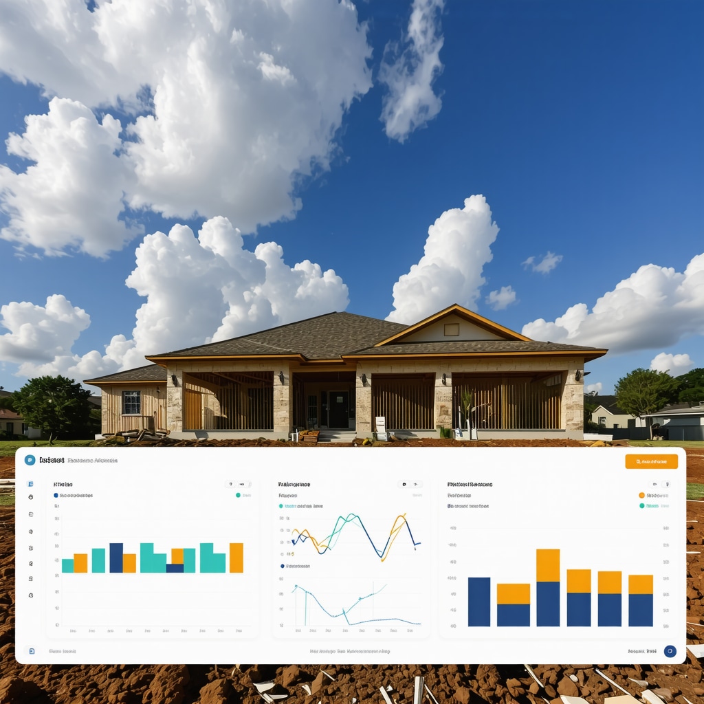 Construction project dashboard with predictive analytics and Tampa home renovation in background