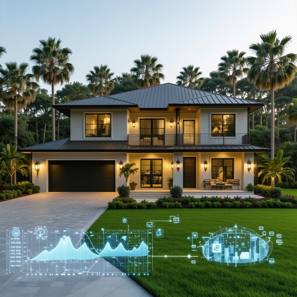 3D digital twin model depicting hurricane-resistant and energy-efficient home renovation features with AI data charts