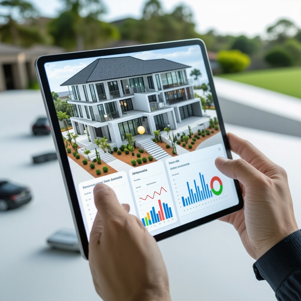 Tablet screen displaying a detailed digital twin 3D model of a Tampa home renovation with overlays of real-time data and scheduling charts