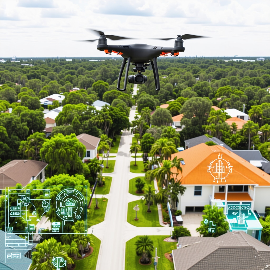 High-tech drone conducting thermal imaging inspection of storm-damaged homes in Tampa