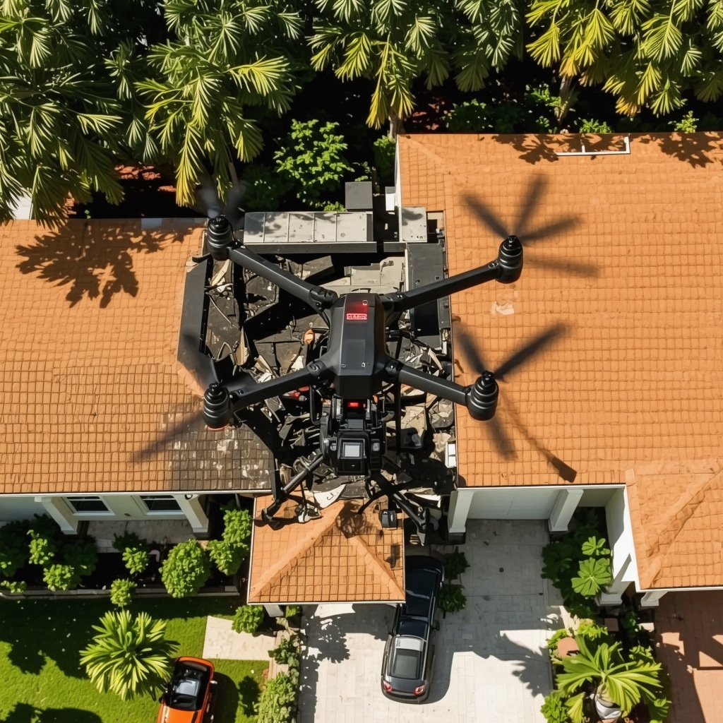 Drone with thermal and multispectral sensors inspecting a fire-damaged house in Tampa