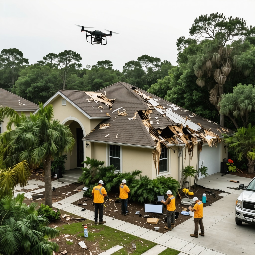 Drone image showing detailed storm damage on Tampa home roof with workers documenting repairs