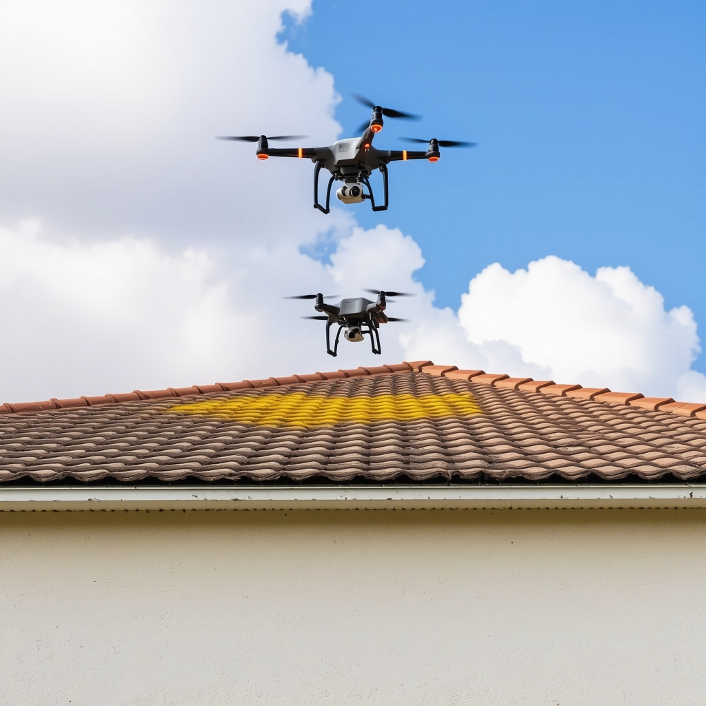 Drone conducting thermal imaging survey of storm damage on Tampa home roof