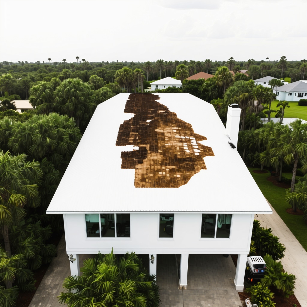 Aerial drone image of storm-damaged Tampa home with technician conducting thermal imaging roof inspection