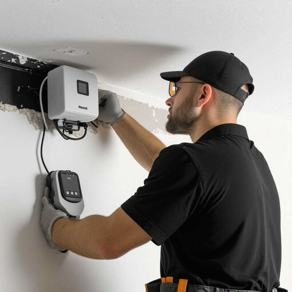 Drywall contractor fitting moisture sensors inside ceiling cavity for advanced humidity monitoring in Tampa home