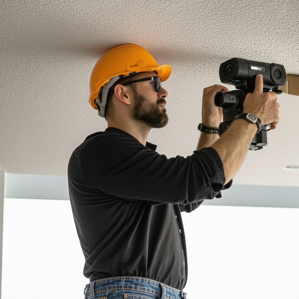 Professional using 3D laser scanning technology on ceiling drywall repair in Tampa home