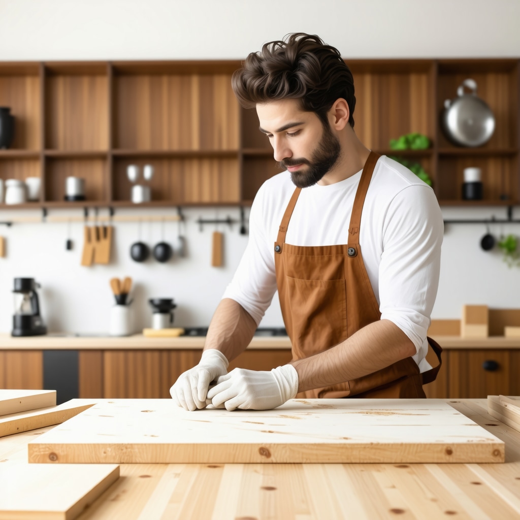 Tampa carpenter applying eco-friendly finish on wooden kitchen cabinets in workshop