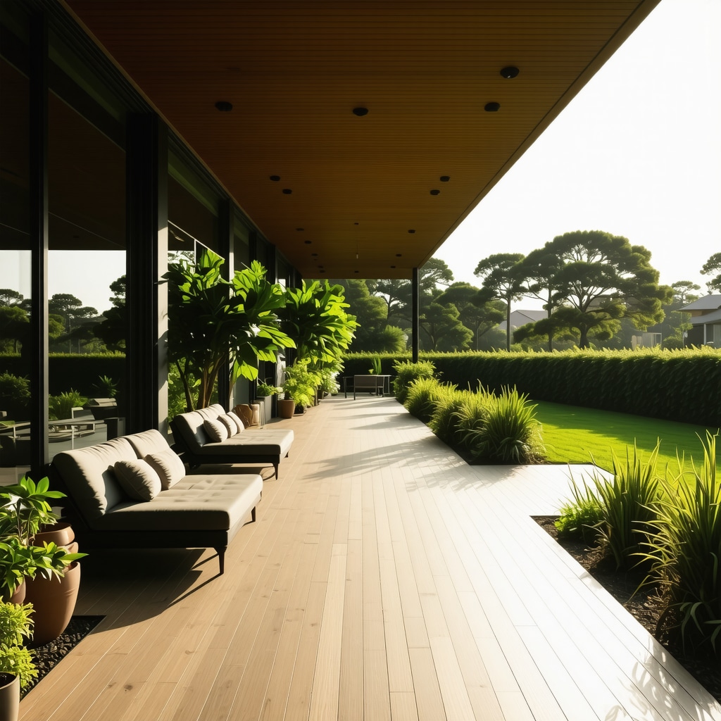 Modern Tampa deck showcasing sustainable materials, smart lighting, and native plants