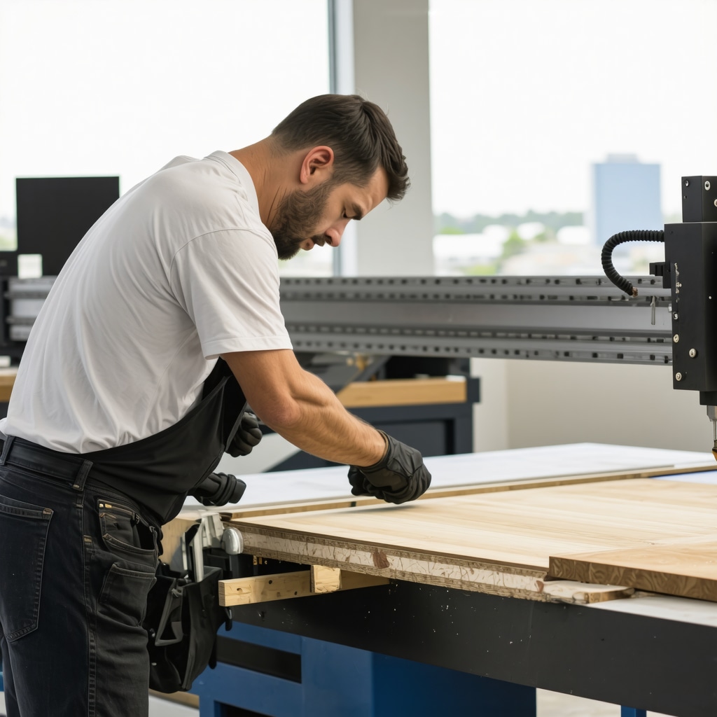 Carpenter operating CNC machine cutting wood with sustainable materials in Tampa workshop