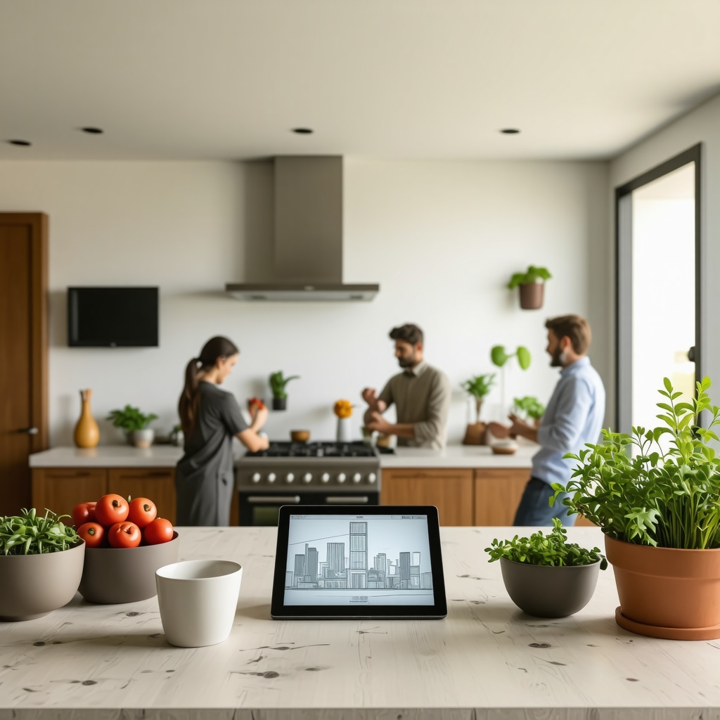 Multi-disciplinary team reviewing digital 3D kitchen remodel plans with sustainable materials and smart appliances in New Tampa