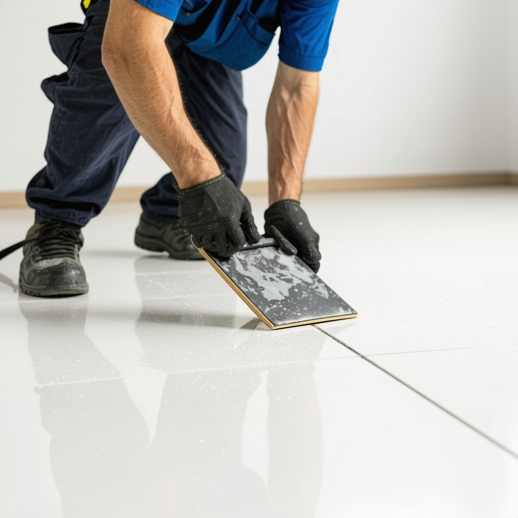 Tile installer applying advanced polymer-modified adhesive on floor in Tampa home