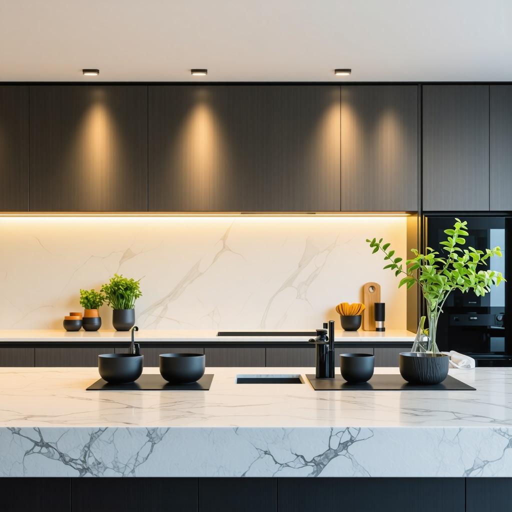Tampa kitchen with moisture-resistant cabinets, integrated smart lighting, and ergonomic design
