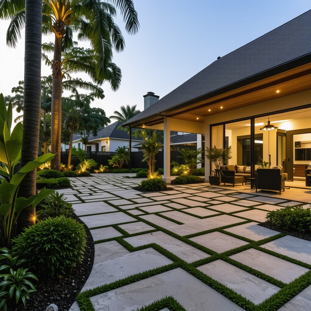 Tampa backyard with permeable pavers, native plants, seamless indoor-outdoor transition, and smart lighting at dusk