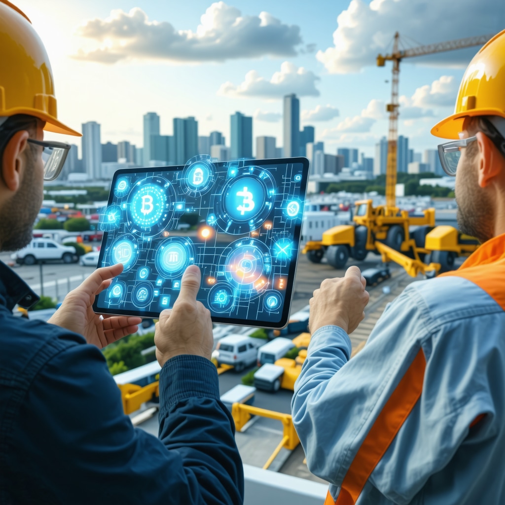 Digital interface illustrating AI and blockchain technologies in Tampa mobile contractor booking environment