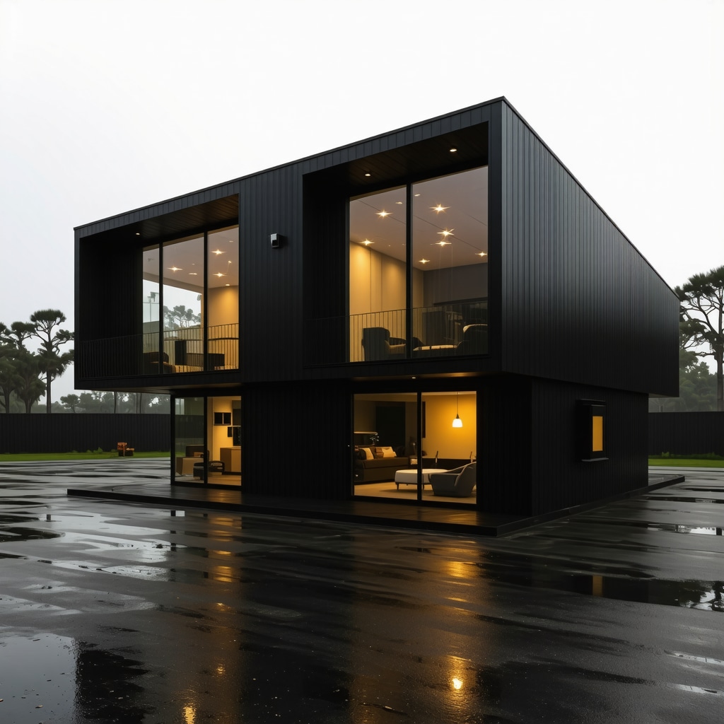 Futuristic Tampa home featuring IoT sensors and modular storm-resistant components during a storm