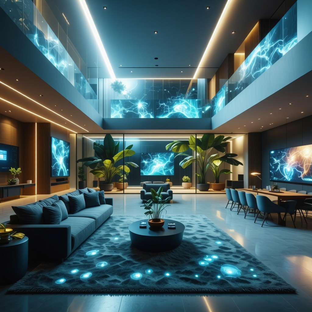 High-tech Westchase home interior showcasing smart sensors and AI design displays